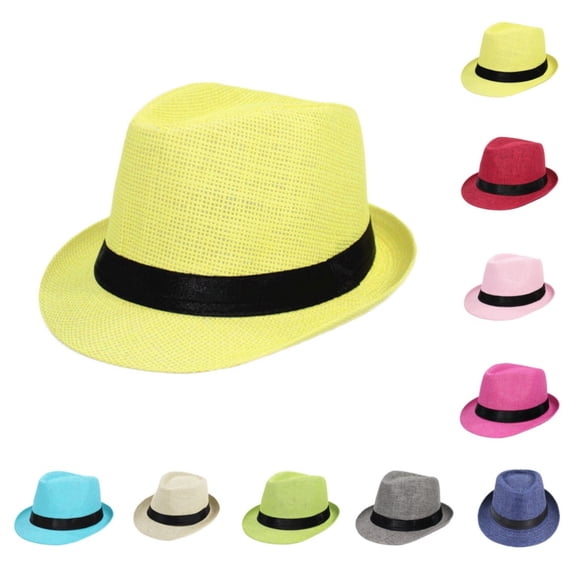 GPOECD Summer Casual Breathable Straw Hat for Women Men Lightweight Short Brim Sun Hat Outdoor Beach Travel Fedora Panama Style 02_Yellow,One Size