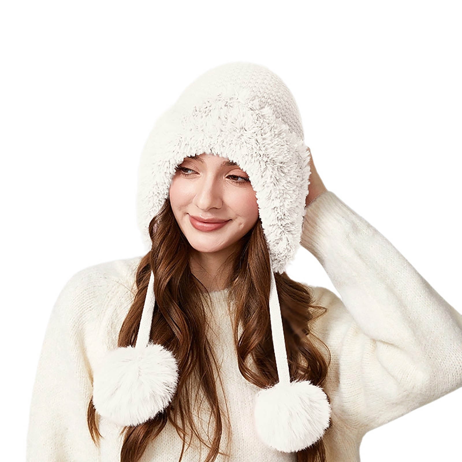 GPOECD Thickened Knitted Hat with Fuzzy Pom Poms for Outdoor Warmth and During Winter Activities Winter Hat for Women and Girls Z11B-White,One Size