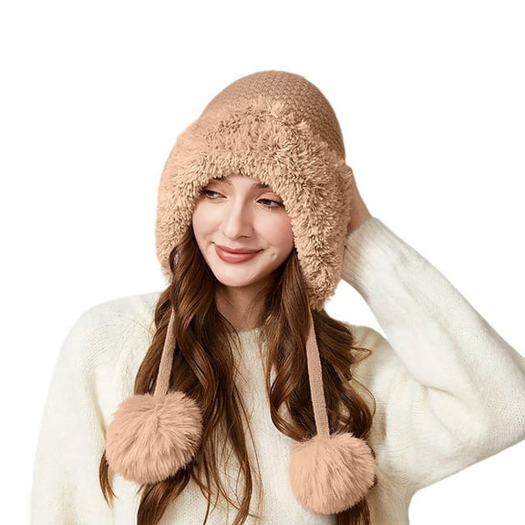 GPOECD Thickened Knitted Hat with Fuzzy Pom Poms for Outdoor Warmth and During Winter Activities Winter Hat for Women and Girls Z11B-Khaki,One Size