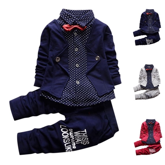 GPOECD Toddler Boy Outfits Baby Boy Dress Clothes Formal Suit with Long Sleeve Shirt and Pants Boys' Clothing Sets for Party Occasion,Blue,18 Months