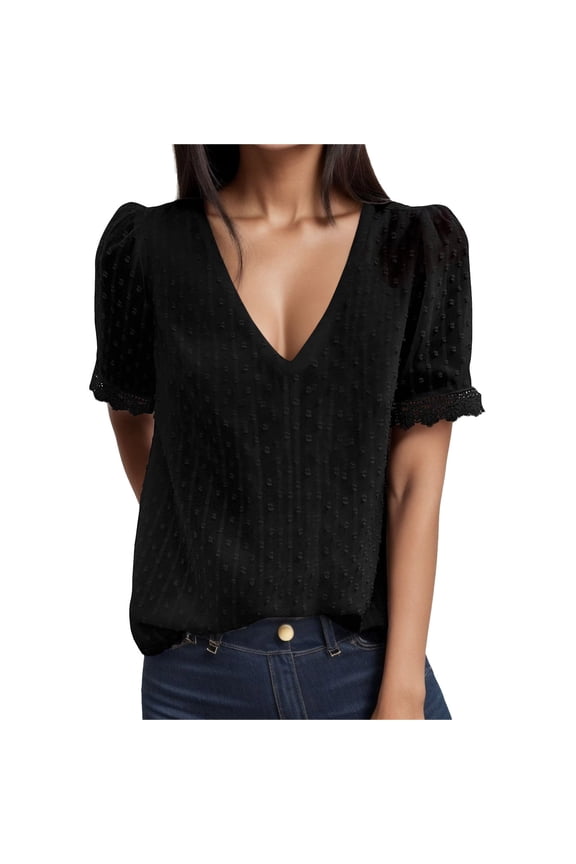 V Neck T Shirts for Women Double Layer Lace Bust Blouse Short Sleeve Tops for Women Black,S