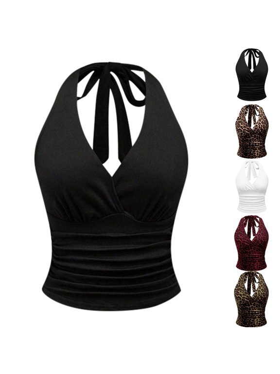 V Neck Tank Tops for Women Retro Leopard Print Strapless Backless Halter Cropped Sleeveless Camisoles for Women Party Wear