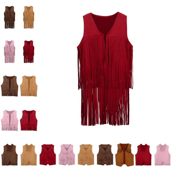 GPOECD Vest Boys Girls Western Cowboy Cow Girl Open Front Tassel Fringe ...
