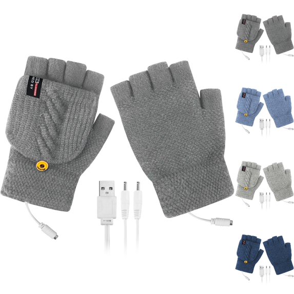 GPOECD Winter Gloves Usb Heated Half Finger Knitted Jacquard Mittens Rechargeable Indoor Outdoor Warmer for Students