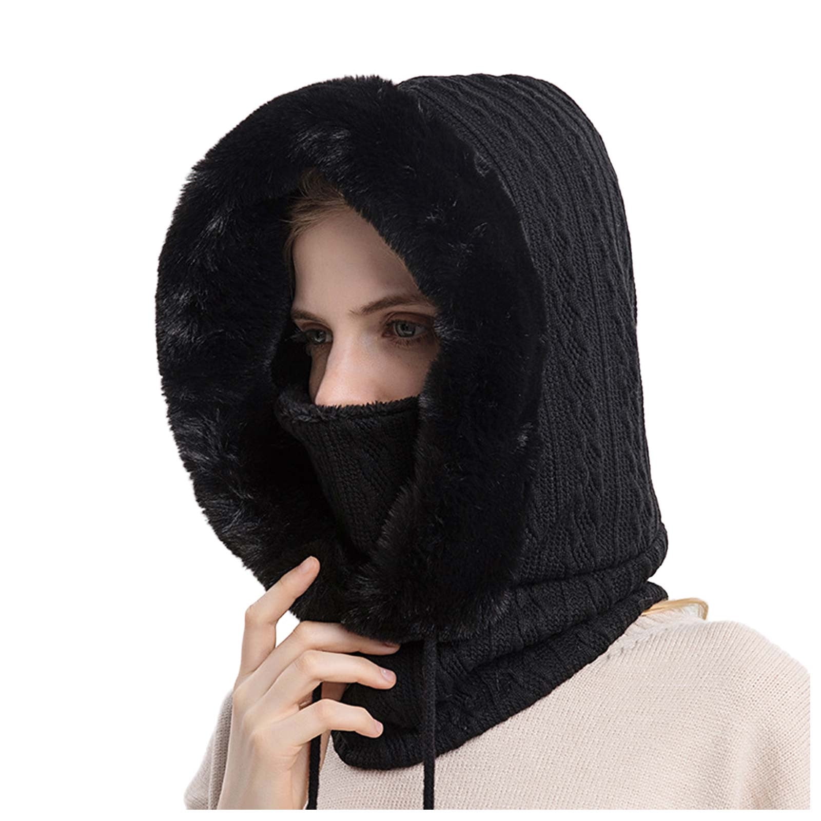 GPOECD Winter Thermal Hooded Face for Women Outdoor Ski Riding Cold Weather Protective Headgear with Integrated Bib Black,One Size