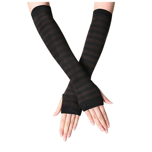 GPOECD Women Long Fingerless Gloves Striped Arm Warmers Texting Touchscreen Knit Mittens Cold Weather Driving Coffee,One Size