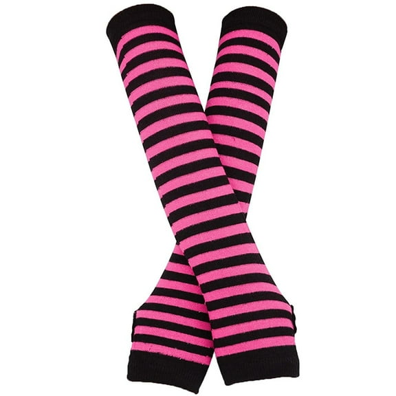 GPOECD Women Long Fingerless Gloves Striped Arm Warmers Texting Touchscreen Knit Mittens Cold Weather Driving Hot Pink,One Size