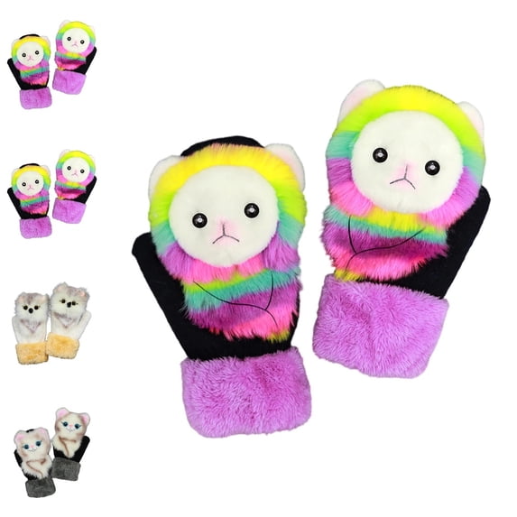 GPOECD Women Mittens Animal Cartoon Design Cozy Knitted Soft Thermal Insulation Warm Winter Gloves for Adults Cold Weather Indoor Use