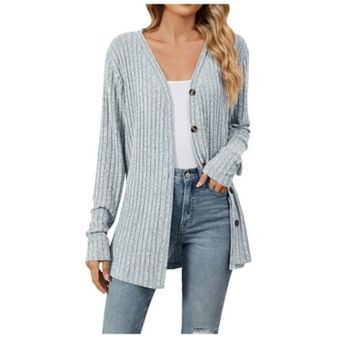 GPOECD Women's 2025 Fall Winter Solid Color Long Sleeve Button Cardigan Casual Lightweight Knit Sweater Open Front Cover Up Top Z7223-Light Gray,M