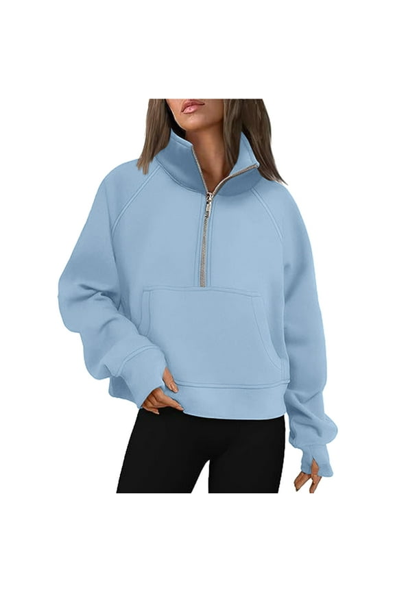 Women's Athletic Quarter-Zip Cropped Pullover - Sporty Short Top Half Zip Stand Collar Fall Casual Workout Streetwear Light Blue,L