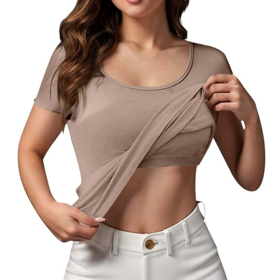 GPOECD Women's Bralette Built-in Shelf Bra T-Shirt Lightweight Comfortable Staple Basic Top for Streetwear Z80-Khaki,XXL