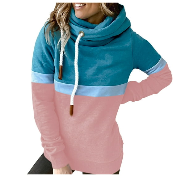 GPOECD Women's Color Matching Pullover Hoodie Fashion Casual Turtleneck Top Shirt Sweatshirt Comfortable Warm Winter Wear Z90-Pink,L