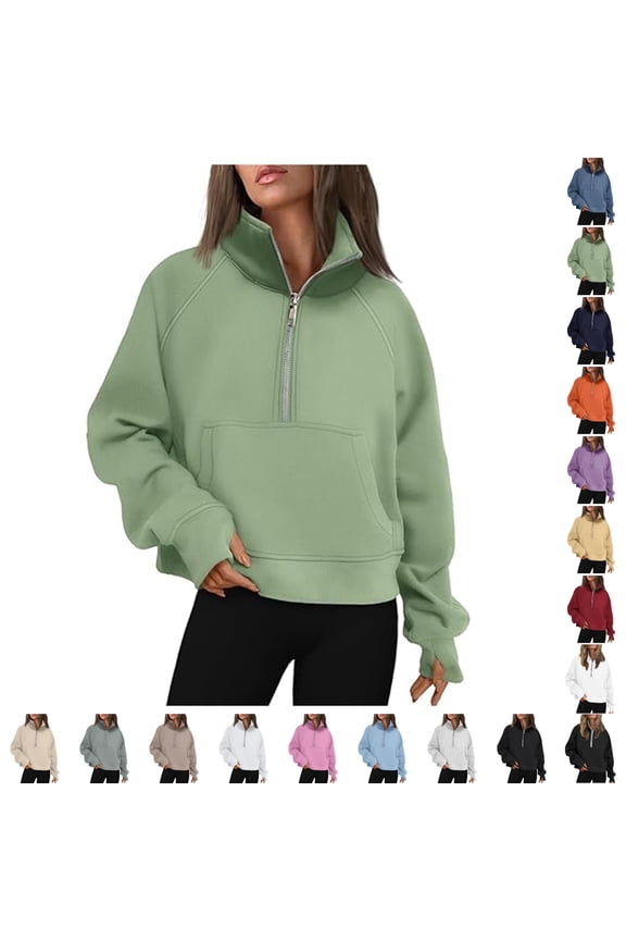 Cropped Sweatshirt Women Fashion Casual Half Zipper Short Stand Collar Plus Solid Color Pullover Top Going Out Tops for Women,01_Green,L