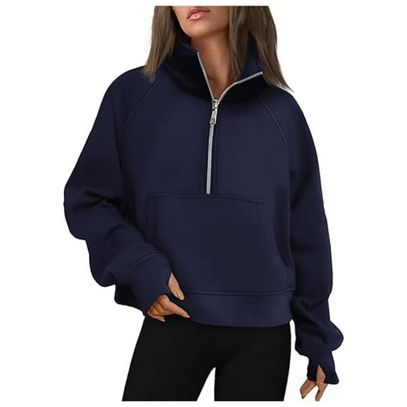 GPOECD Women's Fashion Casual Half Zip Short Crop Solid Color Pullover Hoodie Stand Collar Fall Sweatshirts for Women Z10142-Navy,S