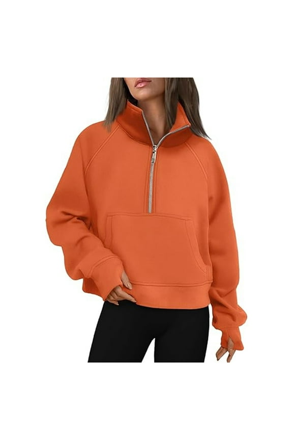 Women's Fashion Casual Half Zip Short Crop Solid Color Pullover Hoodie Stand Collar Fall Sweatshirts for Women Z10142-Orange,L