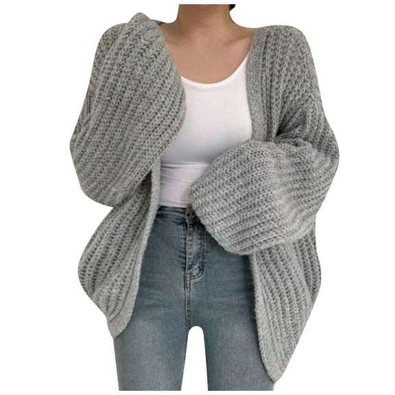GPOECD Women's Knitted Cardigan Winter Warm Balloon Long Sleeve Coat Soft Knit Sweater Outerwear Versatile Casual Loose Fit Tops Grey,One Size