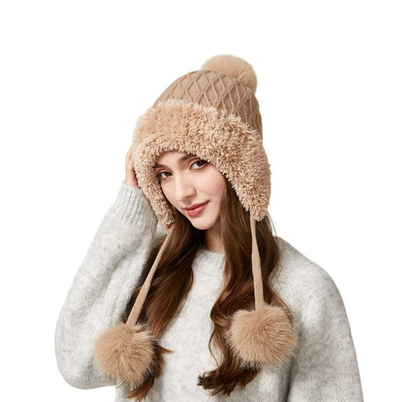 GPOECD Women's Knitted with Three Adorable Pom Poms Lined for Warmth Womens Winter Hat Cute Slouchy Cold Weather Ear Warm Z11c-Khaki,One Size