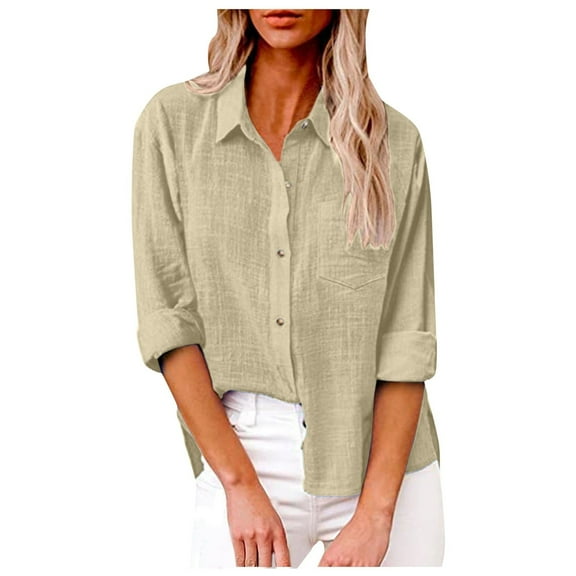 GPOECD Women's Long Sleeve Lapel Button Down Shirt with Chest Pockets Casual Solid Blouse Beige,XL