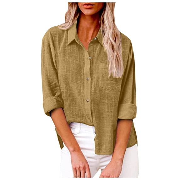 GPOECD Women's Long Sleeve Lapel Button Down Shirt with Chest Pockets Casual Solid Blouse Khaki,M
