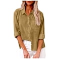 thumbnail image 1 of GPOECD Women's Long Sleeve Lapel Button Down Shirt with Chest Pockets Casual Solid Blouse Khaki,XXXL, 1 of 5