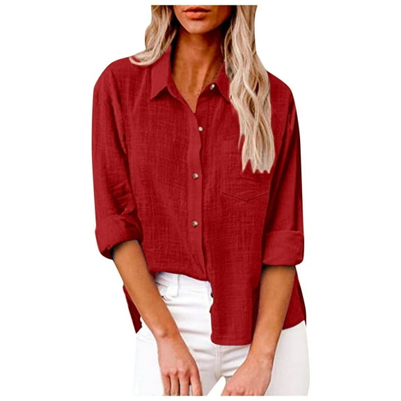 GPOECD Women's Long Sleeve Lapel Button Down Shirt with Chest Pockets Casual Solid Blouse RD1,L