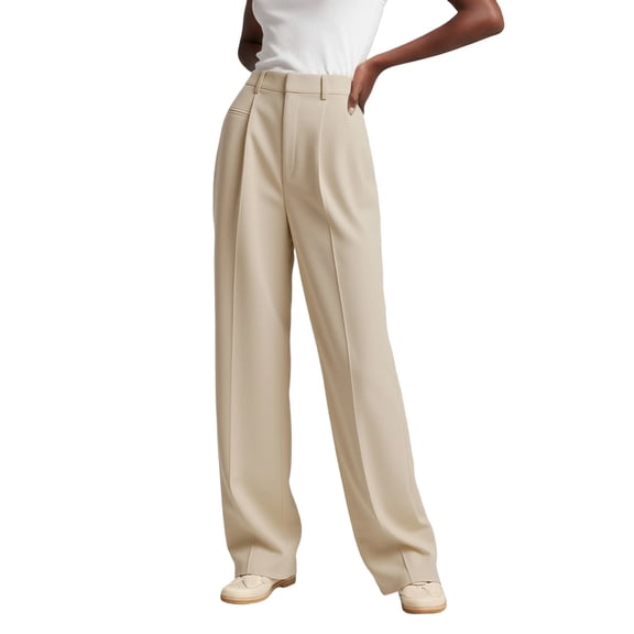 GPOECD Women's Pants High Waist Straight Leg Casual Trousers Floor Length with Elegant Drape Dress Pants 02_Beige,L
