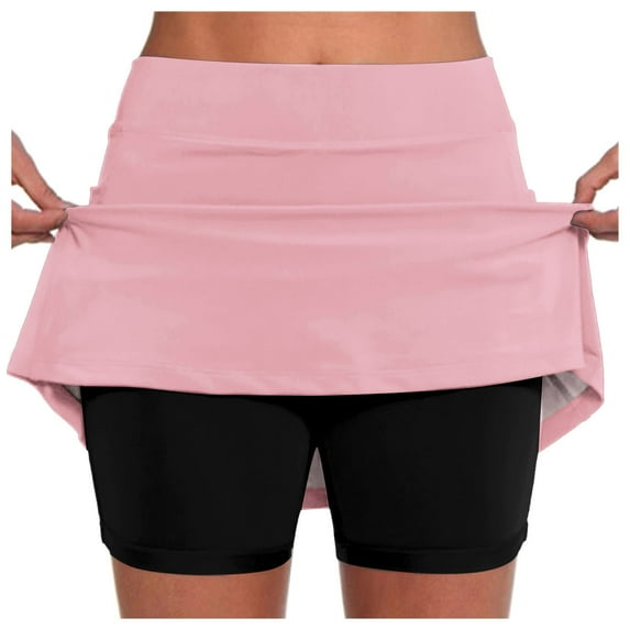GPOECD Women's Plus Size Casual Athletic Skort with Side Pockets Stretchy Mid Rise Gym Running Shorts Yoga Wear Double Layer Design Z8013-Pink,XL