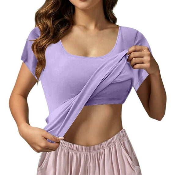GPOECD Women's Solid Color Short Sleeve T-Shirt with Built-in Bra Wireless Comfort Casual Wear Stretchy Summer Top for Everyday Z8083-Purple,S