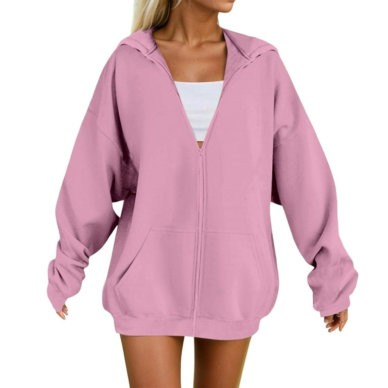 HNMKIU Women's Solid Color Zip-Up Hoodie with Pockets