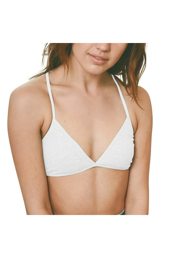 Women's Triangle Bralette Ribbed V Neck Unpadded Bra Lightweight Thin Strap Comfortable Pull On Bralette for Everyday Wear White,M