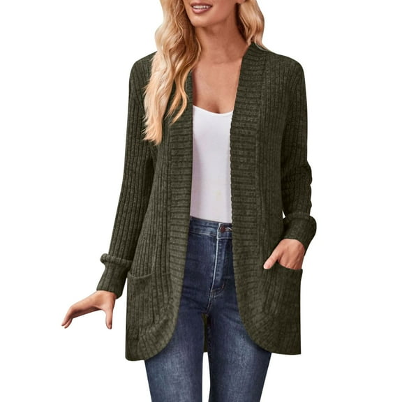 GPOECD Womens 2025 Fall Solid Color Casual Long Sleeve Side Pocket Cardigan Jacket Open Front Lightweight Wear Outerwear Army Green,S