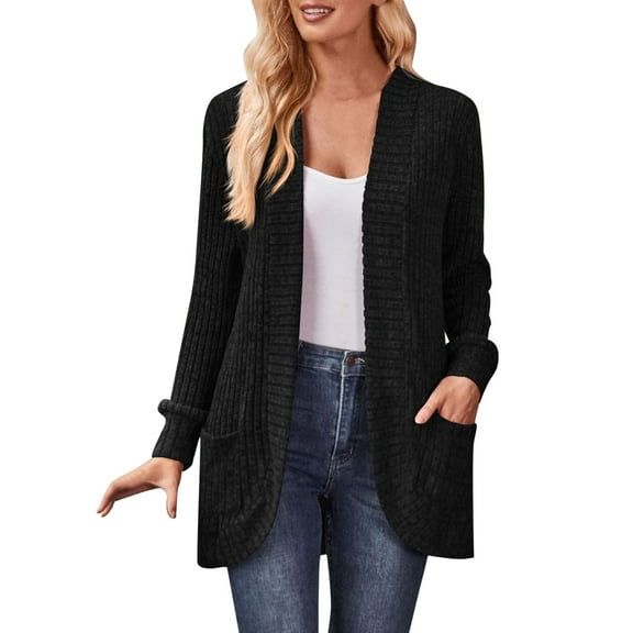 GPOECD Womens 2025 Fall Solid Color Casual Long Sleeve Side Pocket Cardigan Jacket Open Front Lightweight Wear Outerwear Black,S