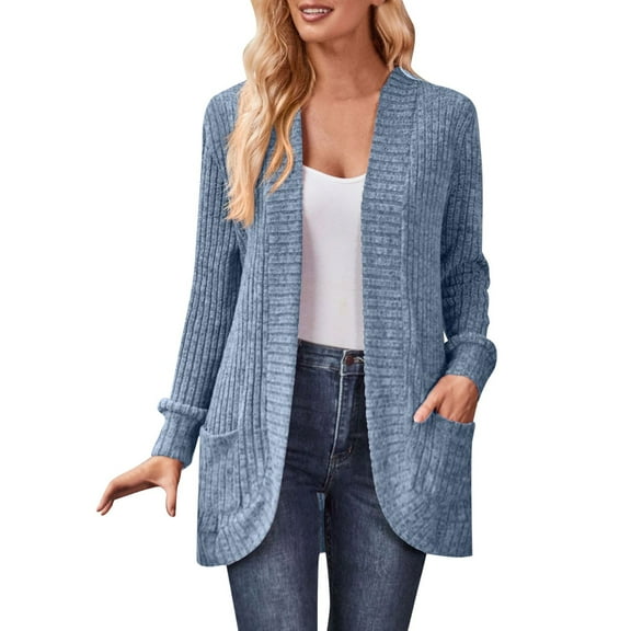 GPOECD Womens 2025 Fall Solid Color Casual Long Sleeve Side Pocket Cardigan Jacket Open Front Lightweight Wear Outerwear Blue,S