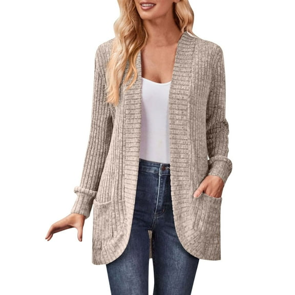 GPOECD Womens 2025 Fall Solid Color Casual Long Sleeve Side Pocket Cardigan Jacket Open Front Lightweight Wear Outerwear Khaki,XXL