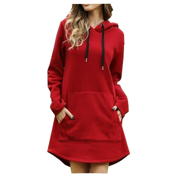 GPOECD Womens 2025 Fall Winter Oversize Mid Long Casual Solid Color Hooded Sweatshirt With Pocket Cozy Pullover Comfortable Wear Relaxed Fit Top Z9082-Red,XXL