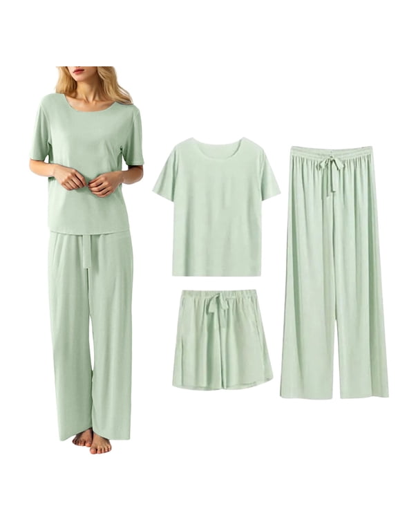 Womens Casual Outfits Pants Suit 3 Piece Set Soft Seamless Comfortable Summer Basic Solid Color Trousers with Top Plus Size Sets 01_Green,XXL