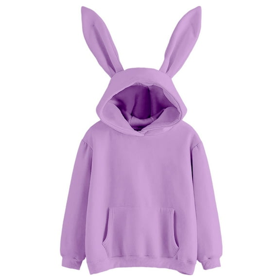 GPOECD Womens Casual Pullover Hoodie With Ears Soft Long Sleeve Solid Color Sweatshirt With Pocket Cozy Loungwear Top Z9082-Purple,XL