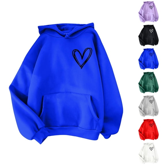 GPOECD Womens Hoodie Long Sleeve Pullover Blouse with Heart Print Solid Color Hooded Top for Daily Wear Sweatshirts for Women,01_Blue,M
