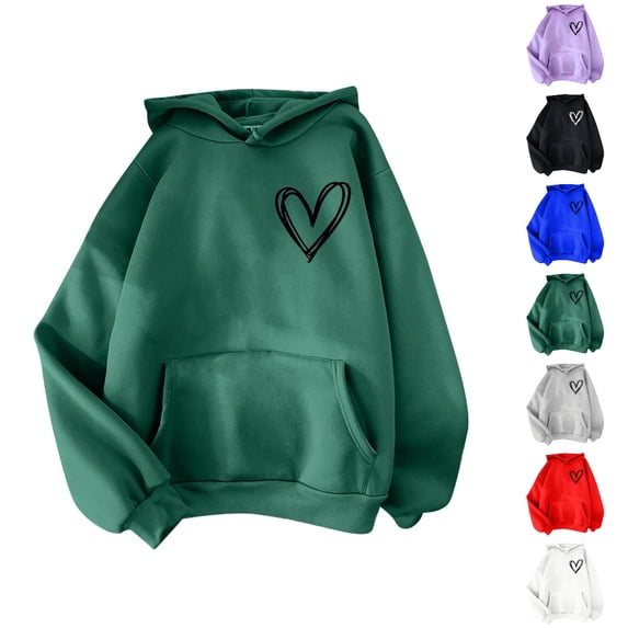 GPOECD Womens Hoodie Long Sleeve Pullover Blouse with Heart Print Solid Color Hooded Top for Daily Wear Sweatshirts for Women,01_Green,M