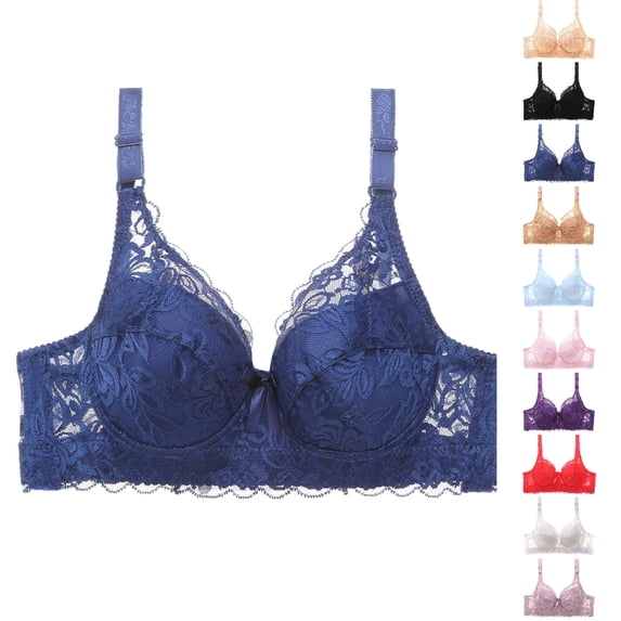 GPOECD Womens Lace Bra Gathered Straps Cup Underwear Comfort Everyday Wear Wireless Bras for Women,Blue,105C