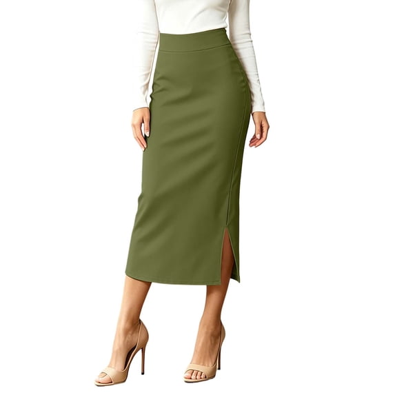 GPOECD Womens Long Skirt Half Length Solid Color Skirt with Elastic Waist and Side Slit Long Womens Skirts Summer Army Green,XL