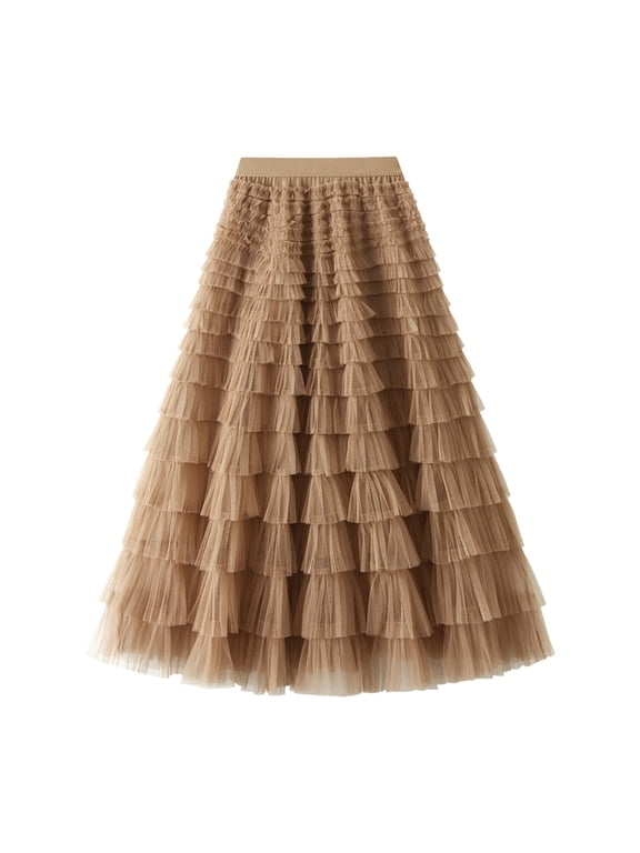 Womens Long Skirts A Line Pleated Long Tutu Ruffle Mesh Calf Length Chiffon High Waist Plus Size Skirts 02_Khaki,M