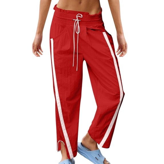 GPOECD Womens Pants Casual Loose Fit Drawstring Trousers with Contrast Side and Pockets Street Style Drawstring Pants Women Red,L