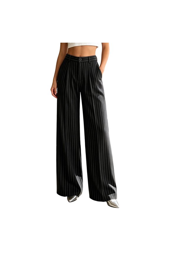 Womens Pants Effortless High Waisted Striped Wide Leg Trousers Elegant Dressy Casual Style for Weekend Wear Wide Leg Pants for Women Black,XS