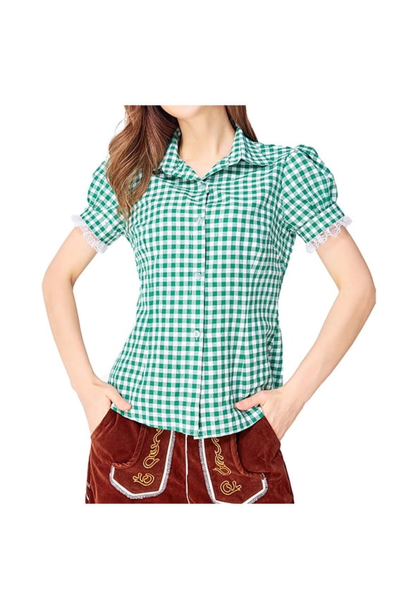Womens Shirts Bavarian Style Oktoberfest Plaid Blouse Traditional German Checkered V Neck Short Sleeve Top for Festivals Oktoberfest Tops Green,S