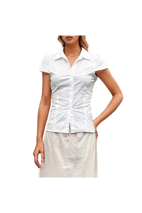 Womens Shirts Stylish Everyday Wear Short Sleeve Striped Blouse V Neck Tailored Fit Comfortable Casual Top for Spring Summer Fall Pair with Jeans Casual Tops for Women White,M