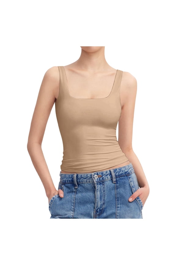 Womens Summer Sleeveless Top Square Neck With Thick Straps Lightweight Breathable Casual Beach Tank Z8271-Beige,XS