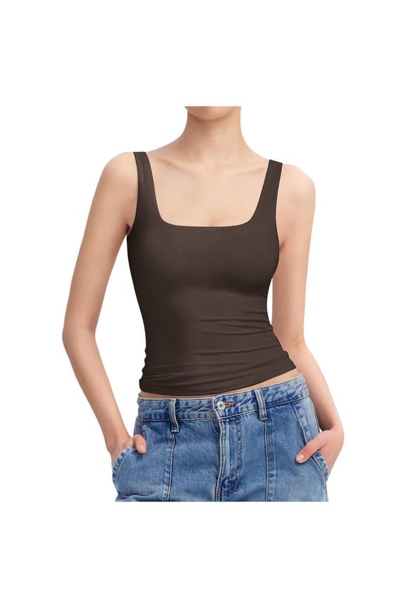 Womens Summer Sleeveless Top Square Neck With Thick Straps Lightweight Breathable Casual Beach Tank Z8271-Brown,XS