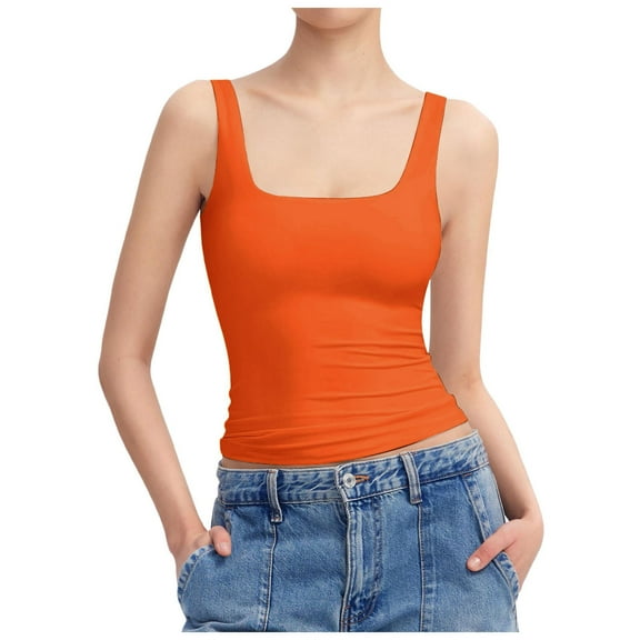 GPOECD Womens Summer Sleeveless Top Square Neck With Thick Straps Lightweight Breathable Casual Beach Tank Z8271-Orange,XS