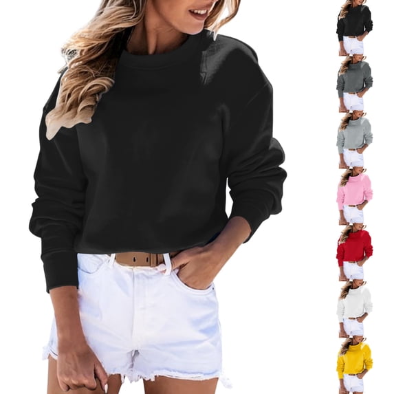 GPOECD Womens Sweatshirt Autumn Winter O Neck Solid Color Long Sleeve Pullover Top Casual Style Sweatshirts for Women,Black,M